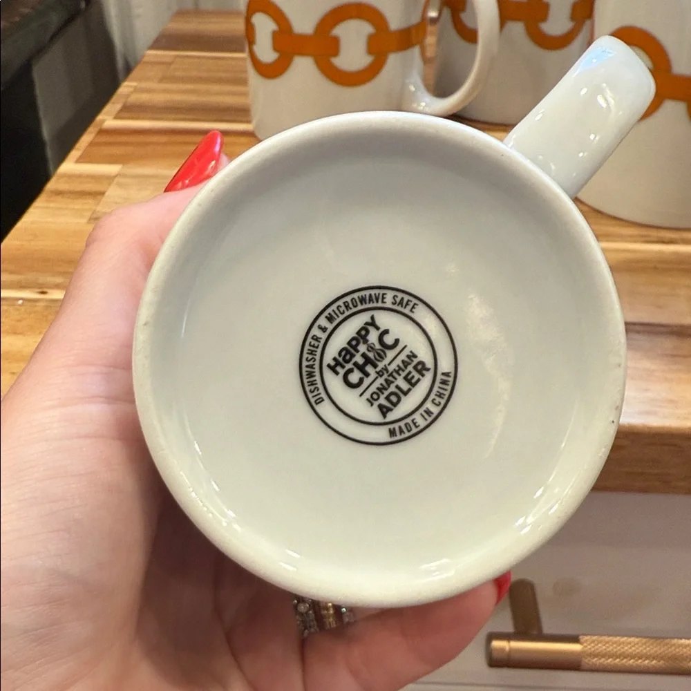 Jonathan Adler Happy Chic Retro MCM White Mugs with Orange Chain Design (8)